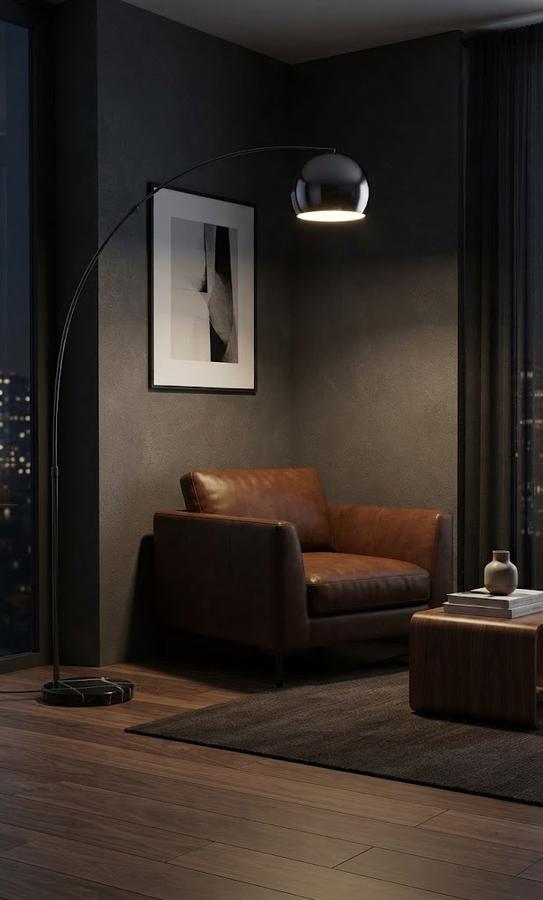 Black chrome pole with a metal dome shade in a bedroom corner