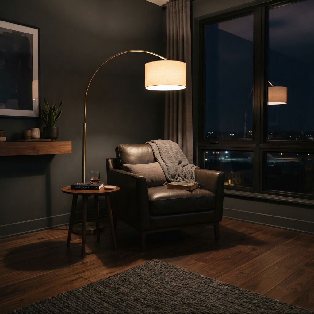Major-Q arc floor lamp arching over a leather armchair in a dark living room
